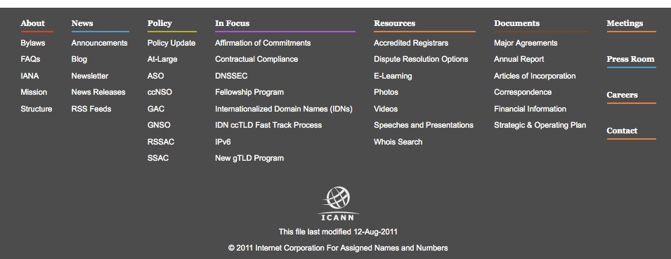 ICANN website footer August 2011 ICANN website footer August 2011