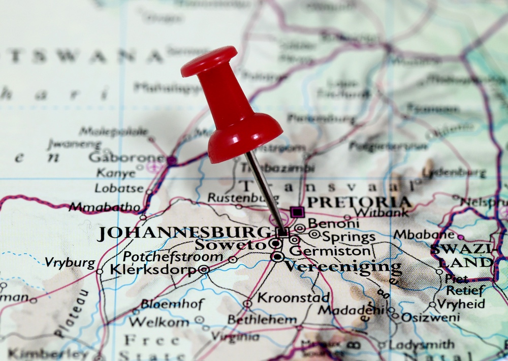 Map with pin point of Johannesburg in South Africa
