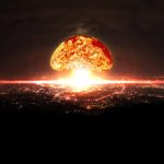 Explosion of nuclear bomb over city. Explosion of nuclear bomb.