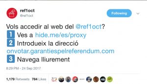 Catalan referendum twitter account providing instructions on using vpns