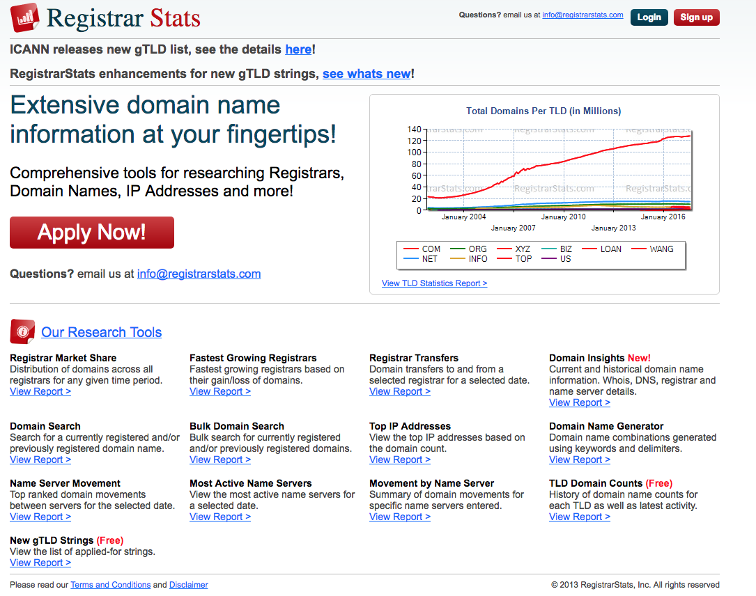 RegistrarStats homepage January 2018