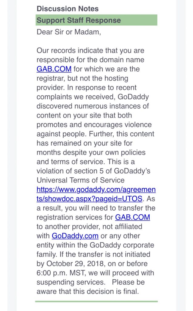 GoDaddy Notice to Gab.com