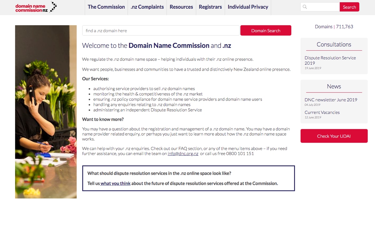 Screenshot of the .nz domain name commission website July 2019