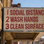 Movie cinema billboard with three basic rules to avoid the coronavirus or Covid-19 epidemic of wash hands, maintain social distance and clean surfaces